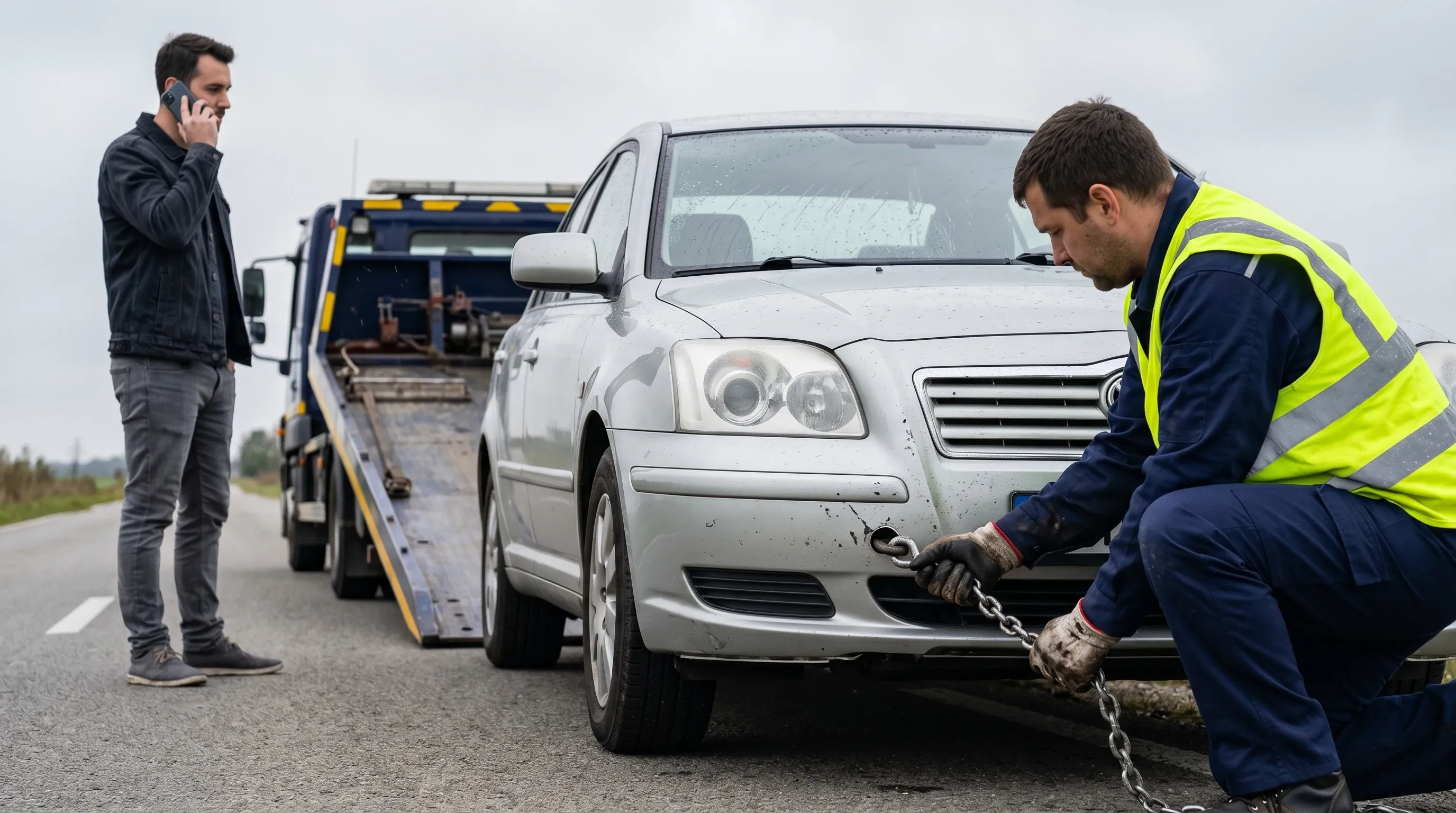 Technik pomocy drogowej mocuje łańcuch holowniczy do auta w ramach assistance warianty, kierowca dzwoni ze smartfona