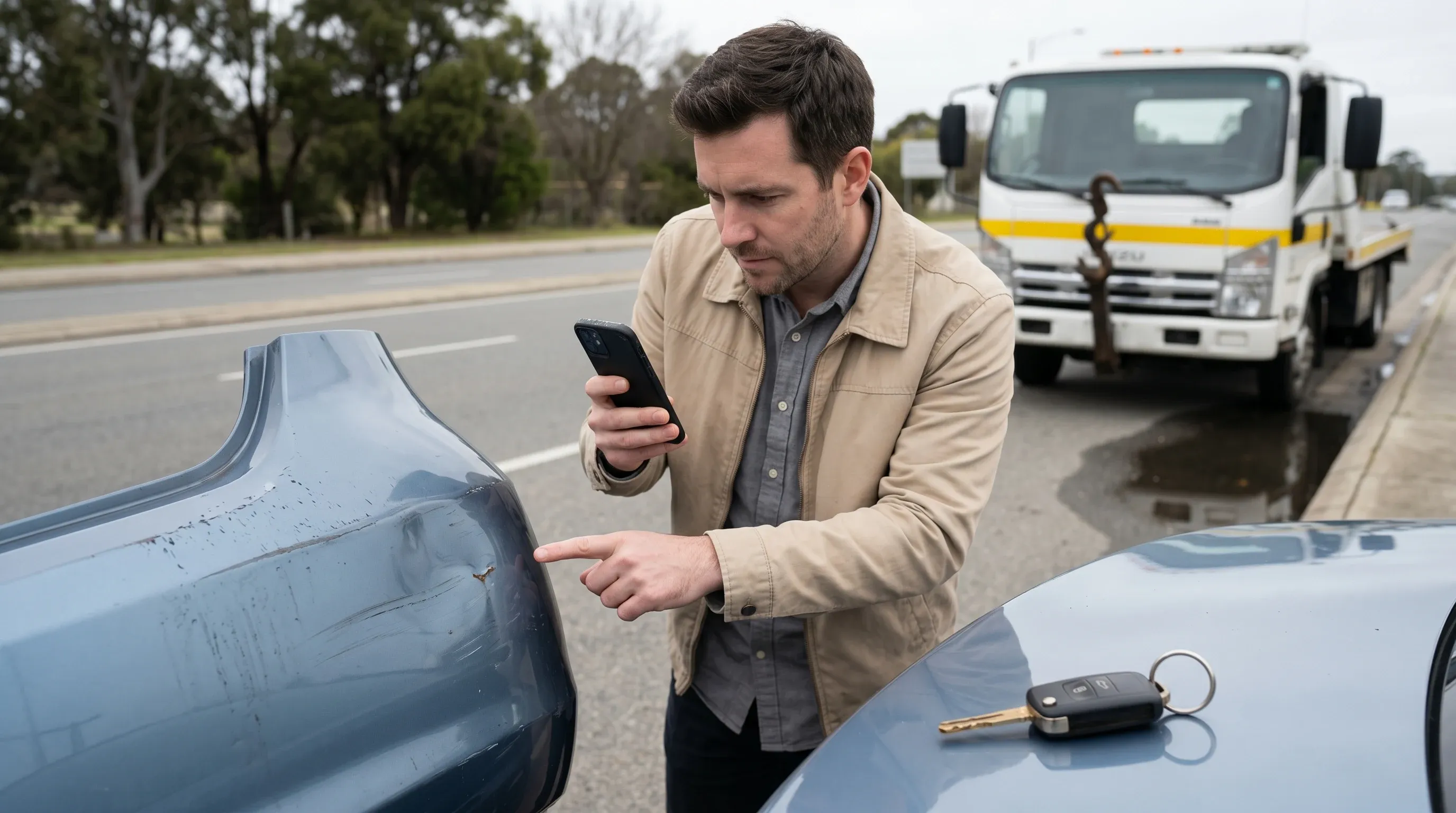 Mężczyzna w stylu biznes casual bada porysowany zderzak auta przy lawetcie i kluczyk zastępczy, symbol ubezpieczenia oc