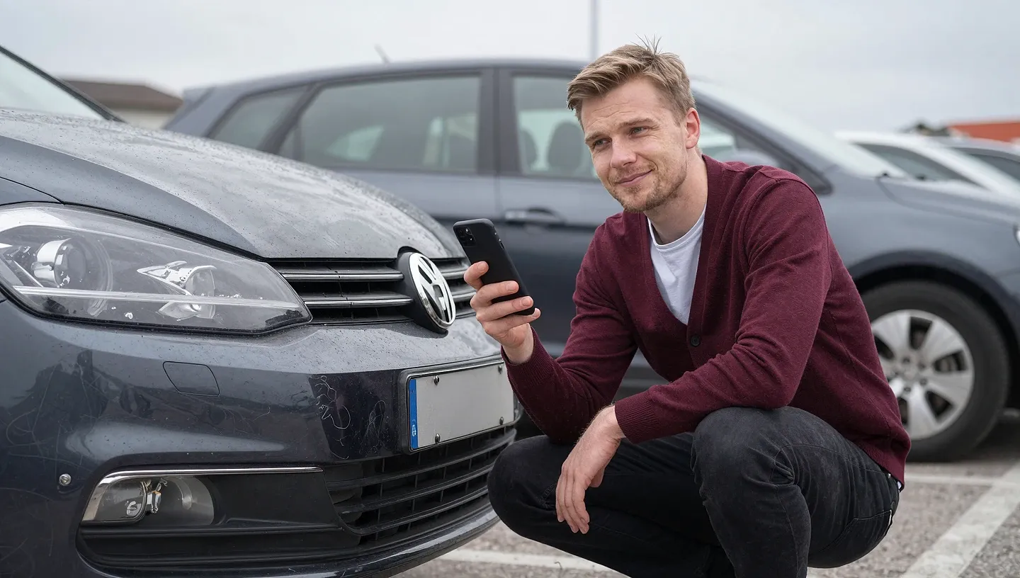 Młody mężczyzna kuca przy zniszczonym zderzaku hatchbacka i fotografuje wgniecenie smartfonem na tle komisu.