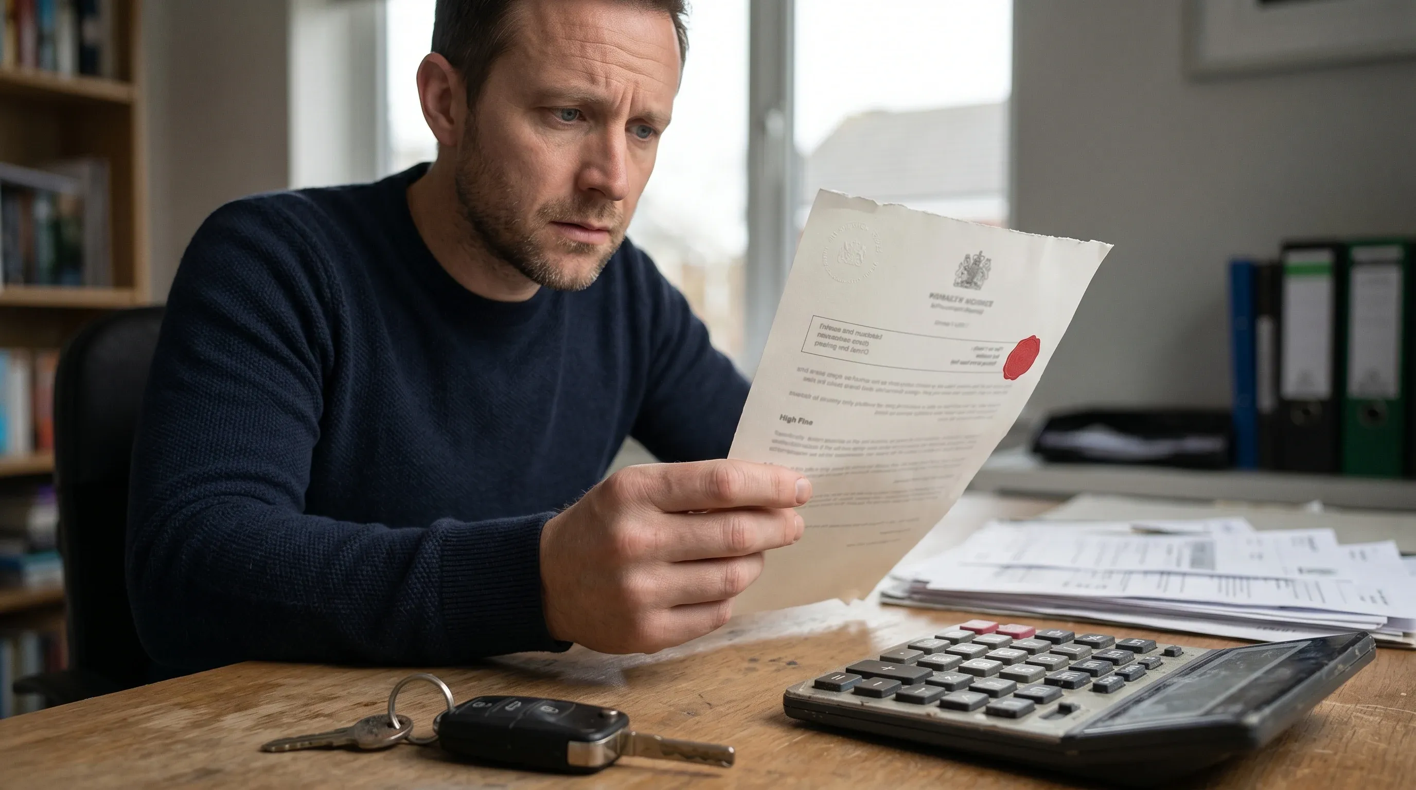 Kierowca przegląda mandat i dokumenty przy biurku, martwiąc się o obowiazek ustawowy posiadania OC