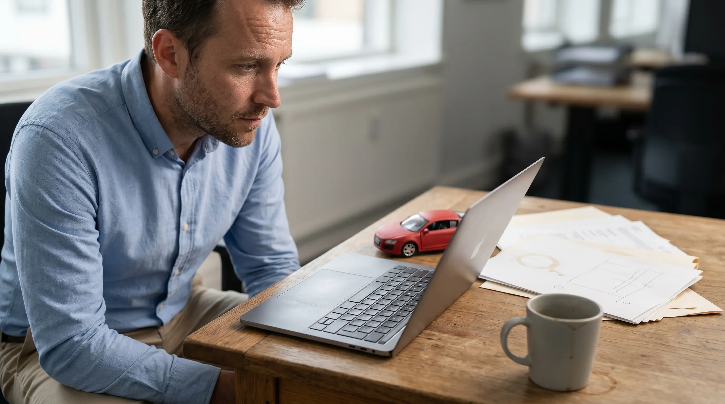 Mężczyzna przy biurku z laptopem, modelem auta i dokumentami oblicza składkę oc bez podawania danych osobowych