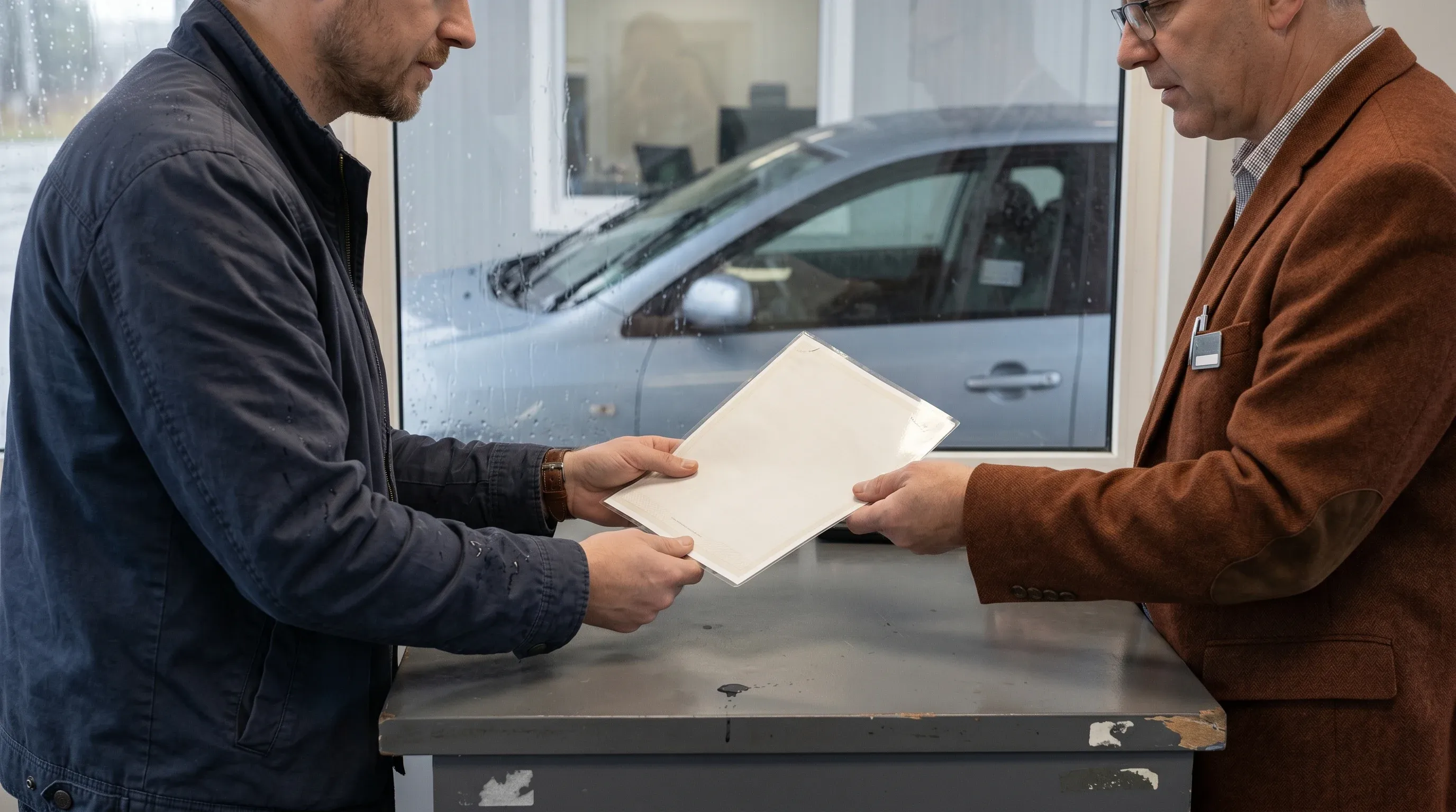 Agent przekazuje kierowcy w budce granicznej oc graniczne, a za oknem widać mokry samochód.