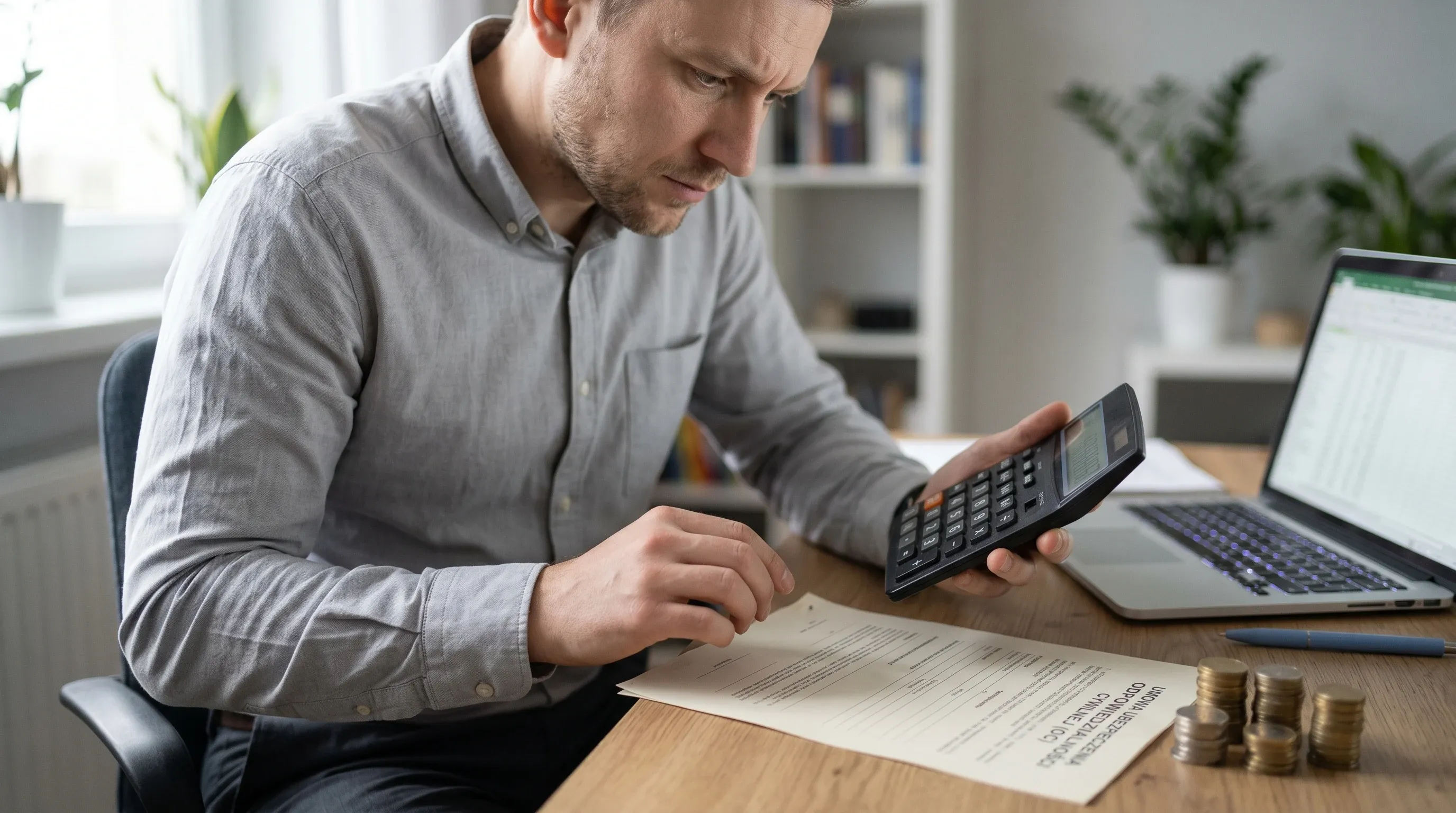 Mężczyzna w stylu business casual przy domowym biurku analizuje koszty oc raty z kalkulatorem i monetami