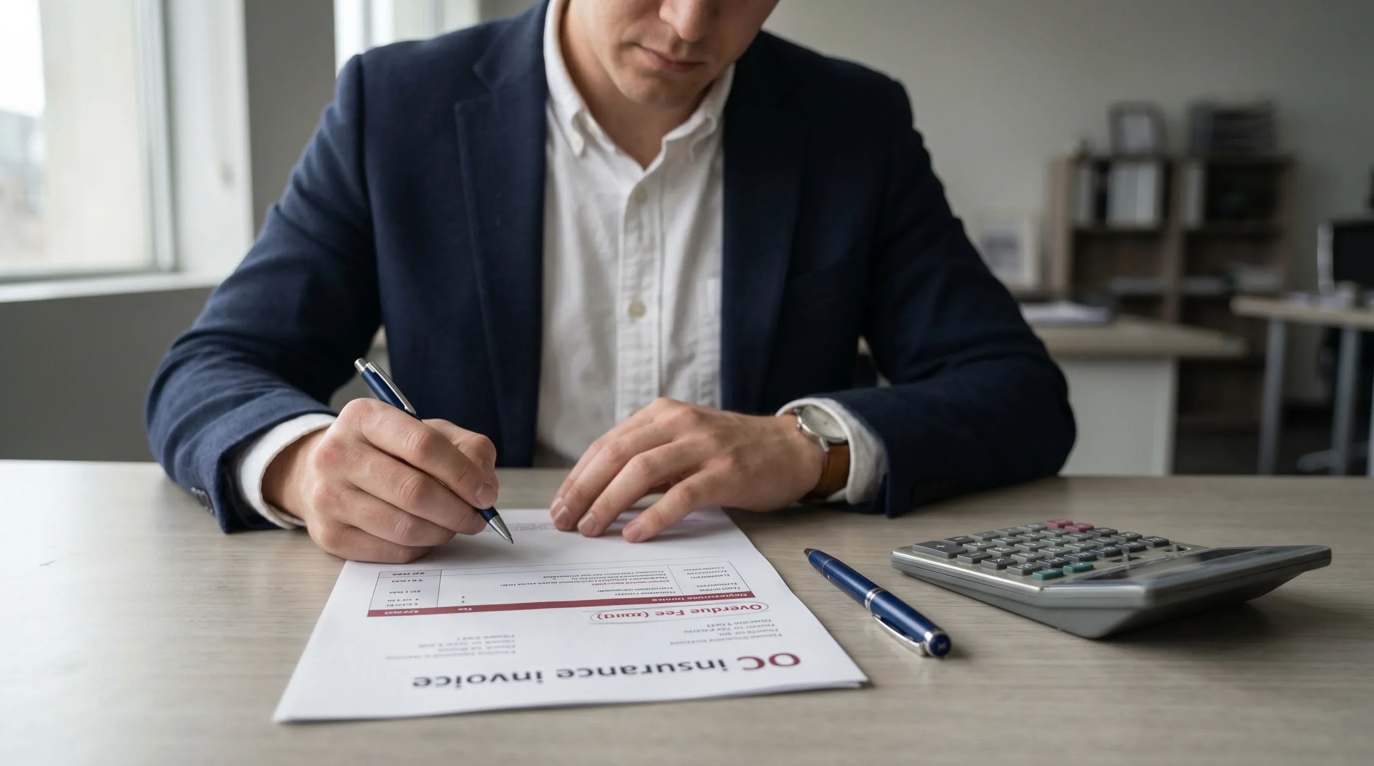 Biurko z fakturą OC, kalkulatorem i dokumentami o ryzyku i dodatkowych kosztach przy platnosc skladki ratalnej