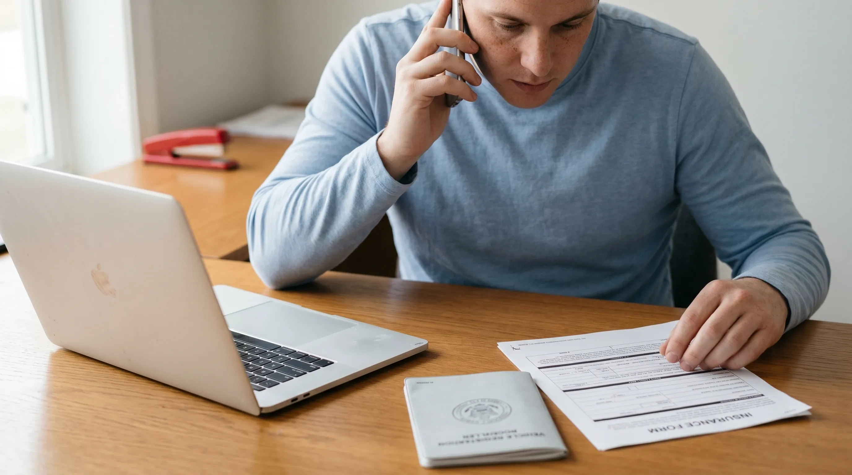 Osoba przy biurku dzwoni i przegląda dokumenty oc krotkoterminowe z książeczką rejestracyjną pojazdu